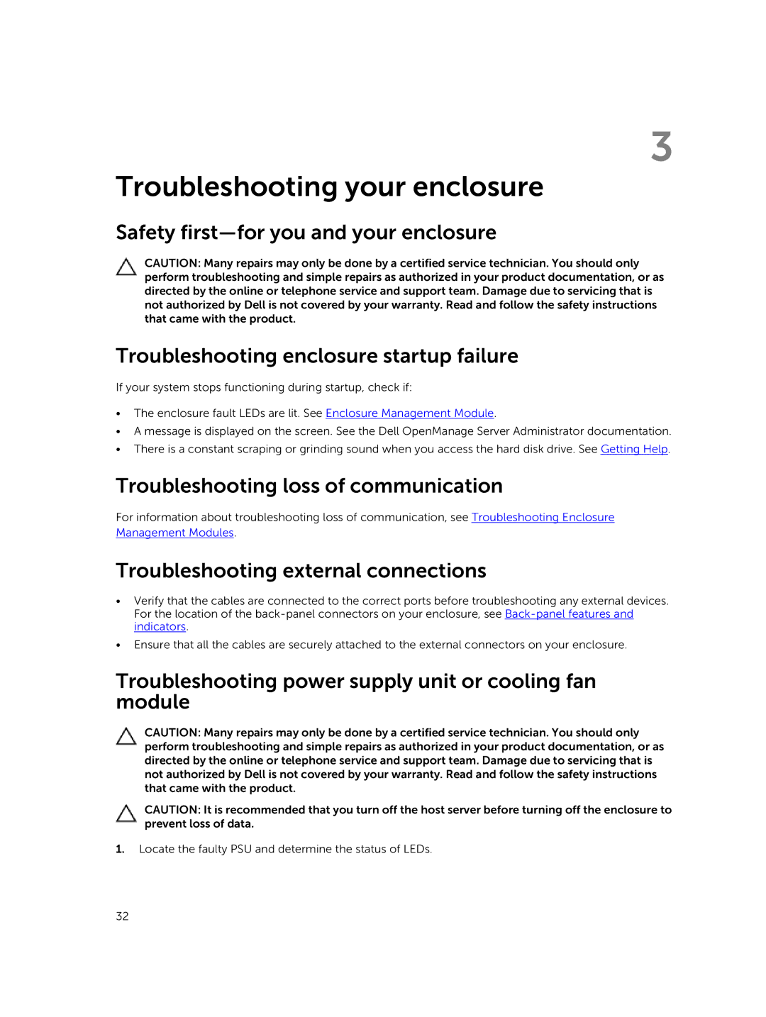 Dell MD1400 manual Troubleshooting loss of communication, Troubleshooting external connections 