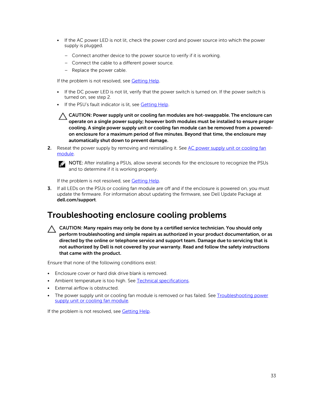 Dell MD1400 manual Troubleshooting enclosure cooling problems 