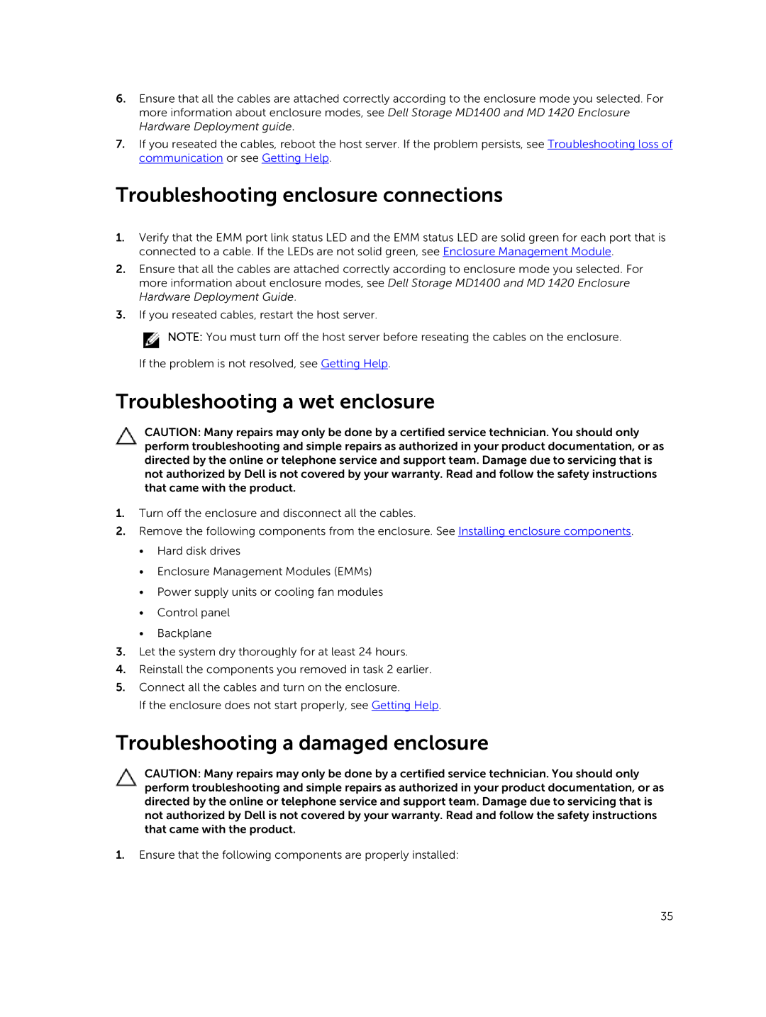 Dell MD1400 Troubleshooting enclosure connections, Troubleshooting a wet enclosure, Troubleshooting a damaged enclosure 