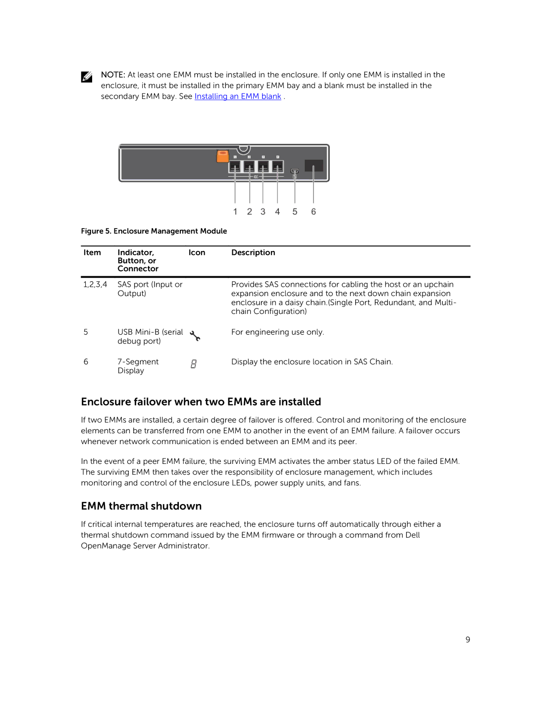 Dell MD1400 manual Enclosure failover when two EMMs are installed, EMM thermal shutdown 