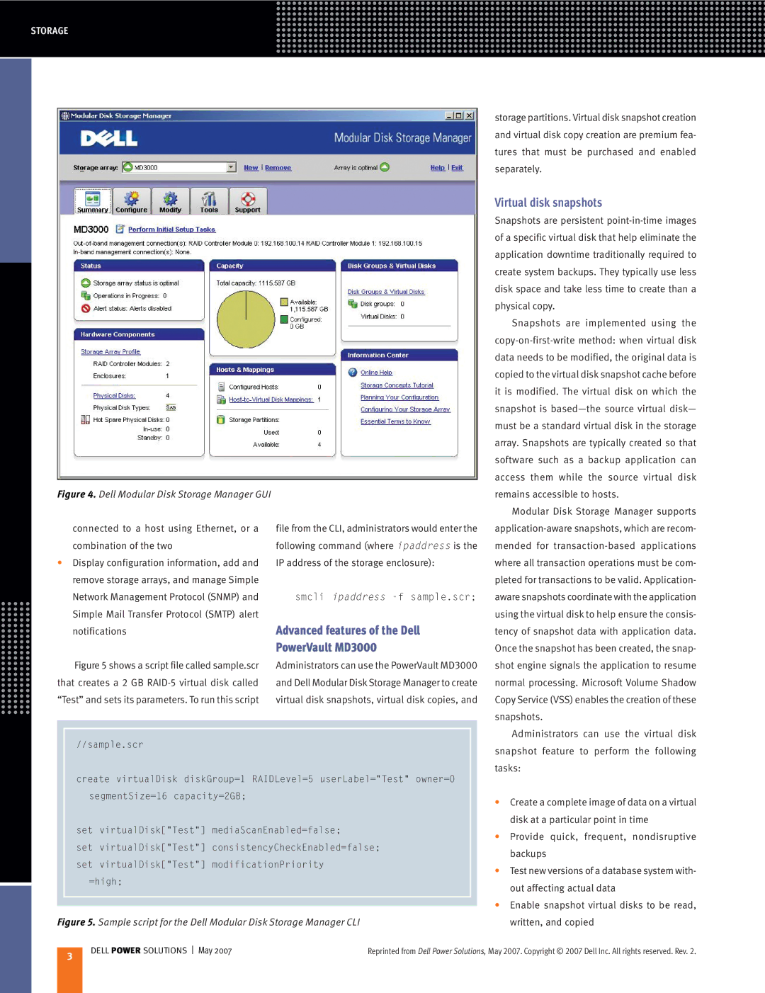 Dell manual Advanced features of the Dell PowerVault MD3000, Virtual disk snapshots 