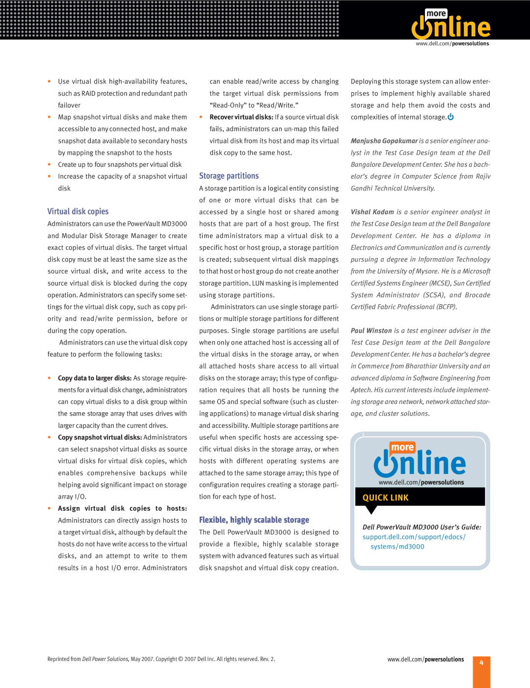 Dell MD3000 manual Virtual disk copies, Storage partitions, Flexible, highly scalable storage 