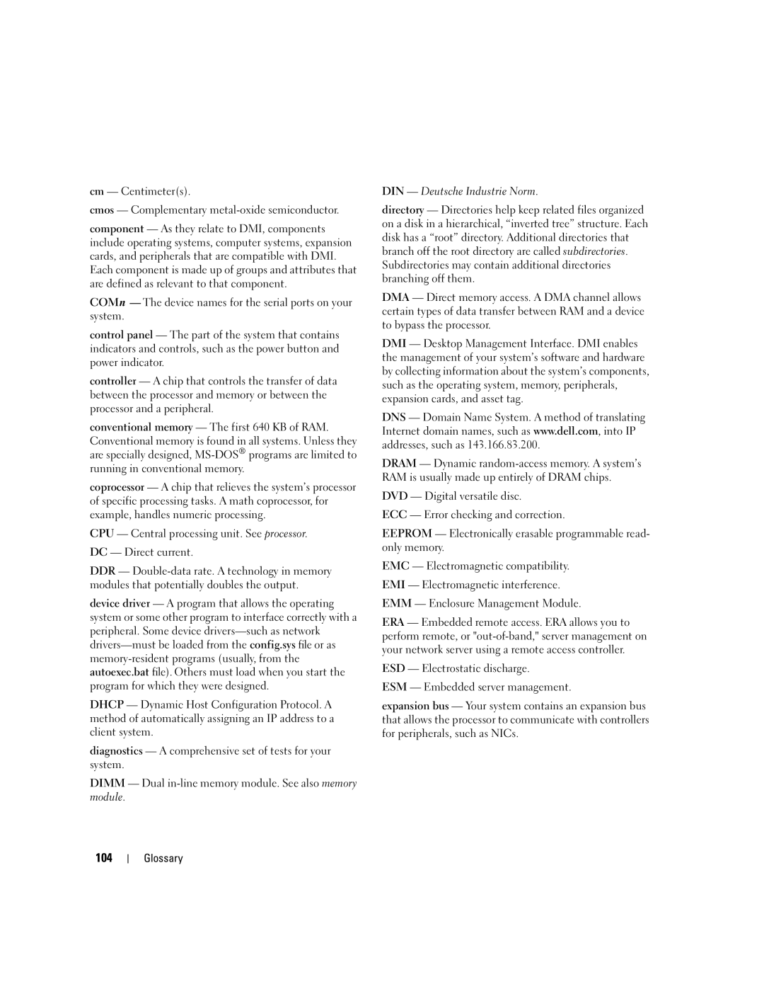 Dell MD3000 owner manual 104, Cm Centimeters Cmos Complementary metal-oxide semiconductor 