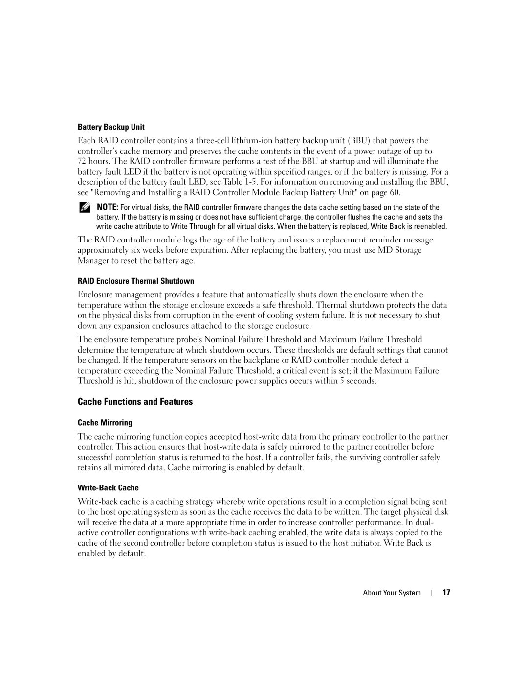 Dell MD3000 owner manual Cache Functions and Features, Battery Backup Unit 