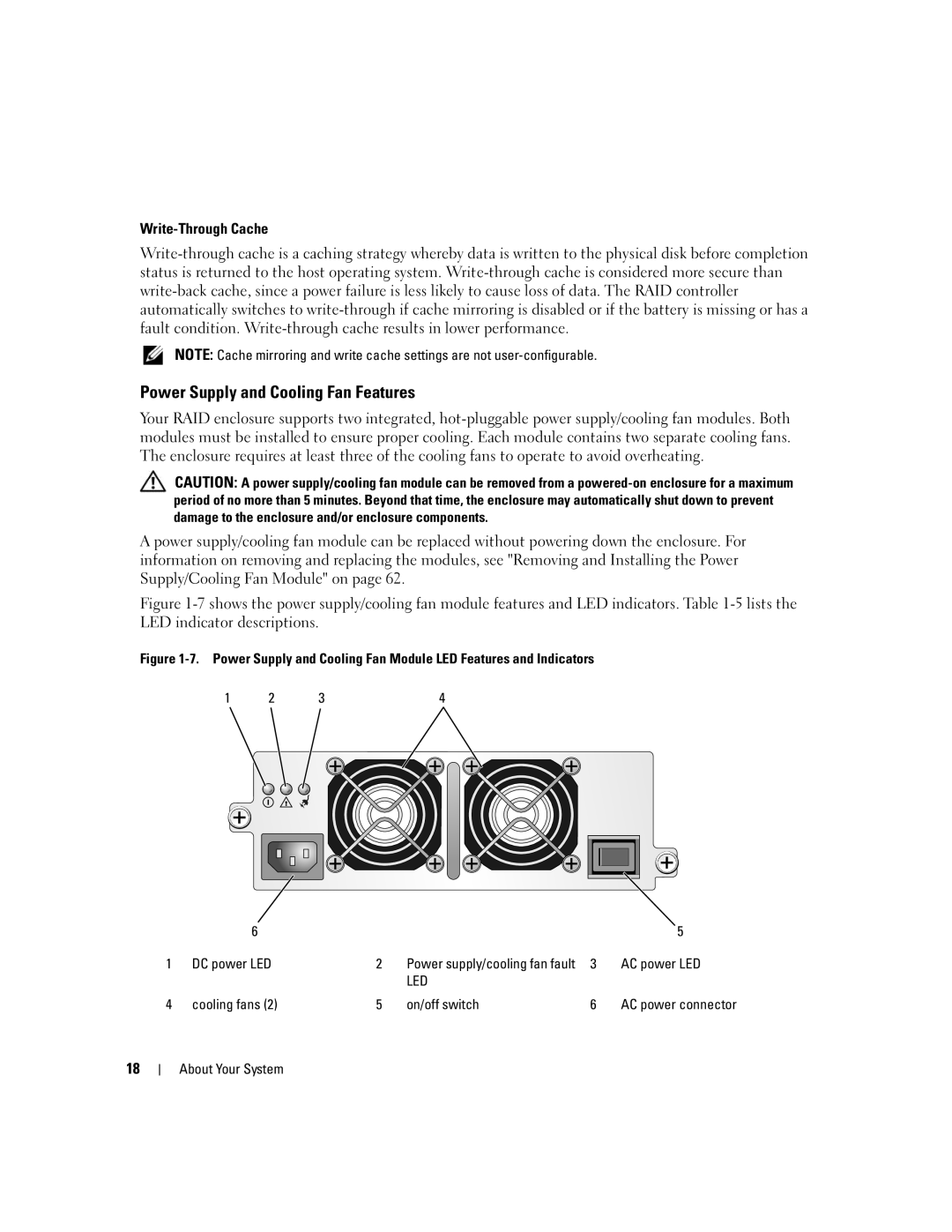 Dell MD3000 owner manual Power Supply and Cooling Fan Features, AC power LED, Cooling fans On/off switch 