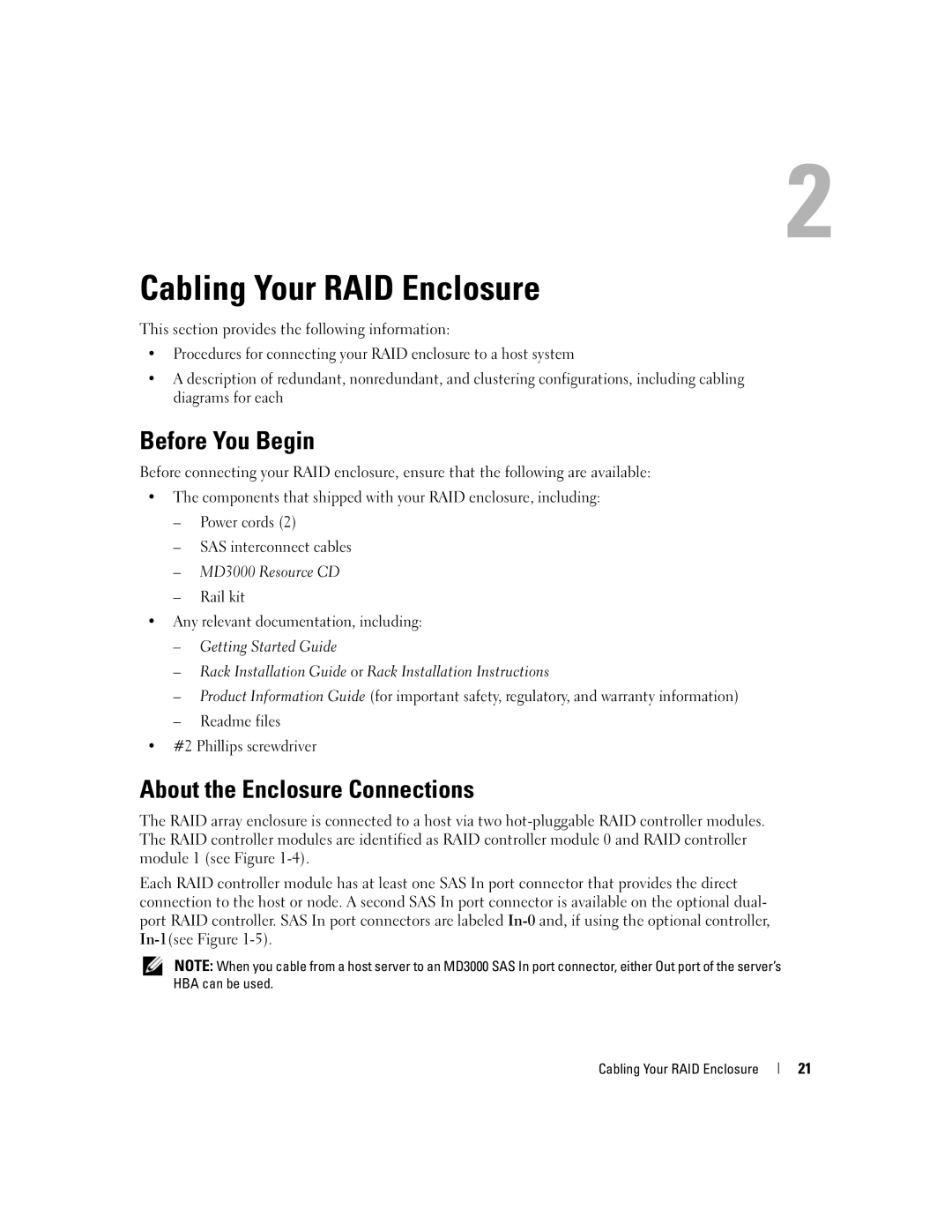 Dell MD3000 owner manual Before You Begin, About the Enclosure Connections, Rail kit Any relevant documentation, including 