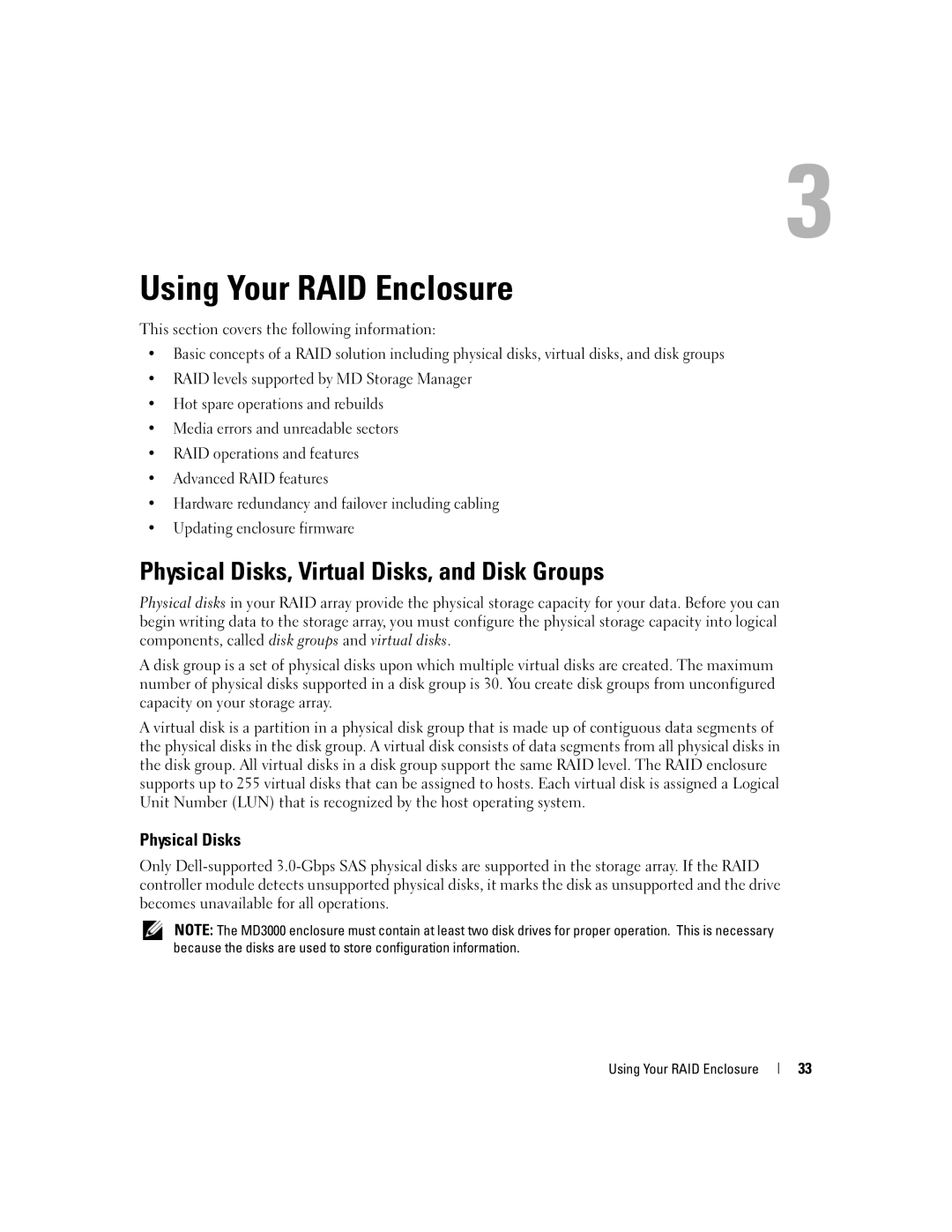 Dell MD3000 owner manual Physical Disks, Virtual Disks, and Disk Groups, Using Your RAID Enclosure 