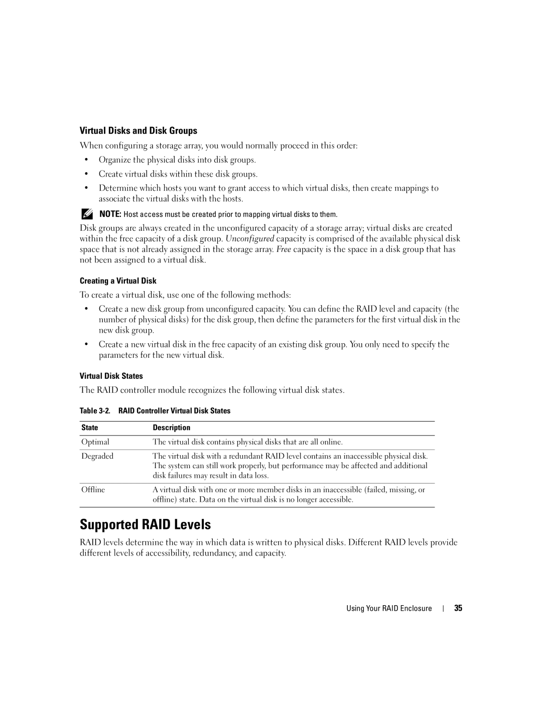 Dell MD3000 Supported RAID Levels, Virtual Disks and Disk Groups, Disk failures may result in data loss, Offline 