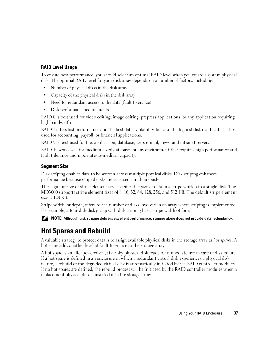 Dell MD3000 owner manual Hot Spares and Rebuild, RAID Level Usage, Segment Size 