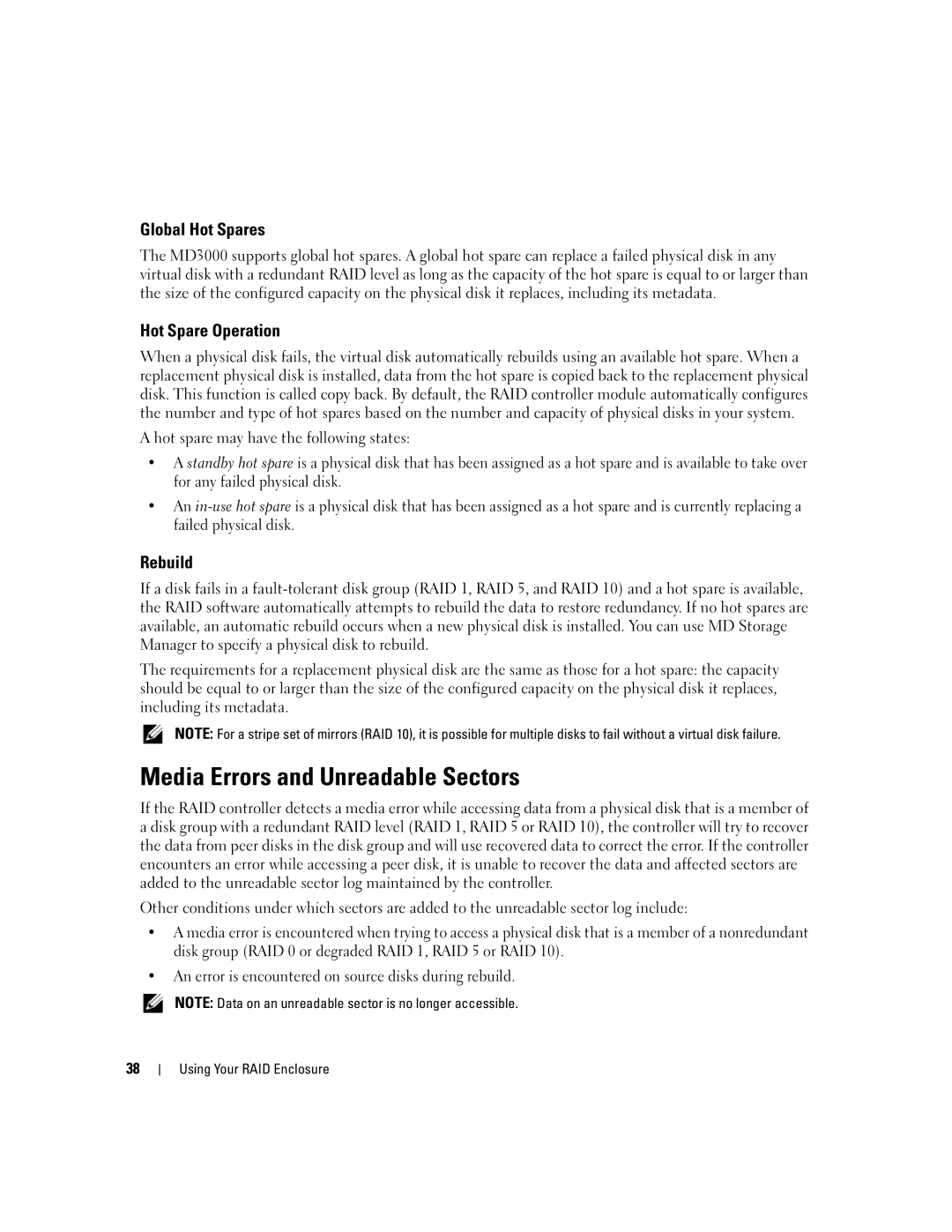 Dell MD3000 owner manual Media Errors and Unreadable Sectors, Global Hot Spares, Hot Spare Operation, Rebuild 