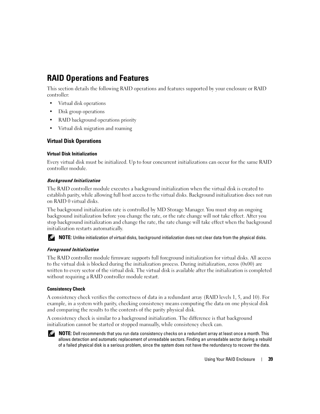 Dell MD3000 RAID Operations and Features, Virtual Disk Operations, Background Initialization, Foreground Initialization 