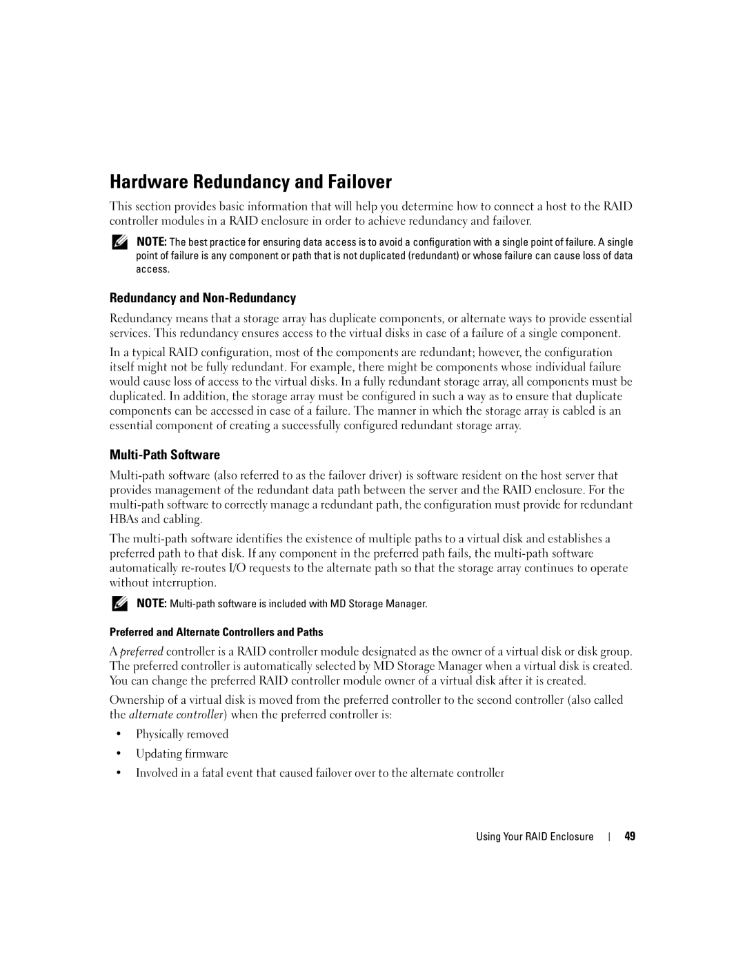 Dell MD3000 owner manual Hardware Redundancy and Failover, Redundancy and Non-Redundancy, Multi-Path Software 