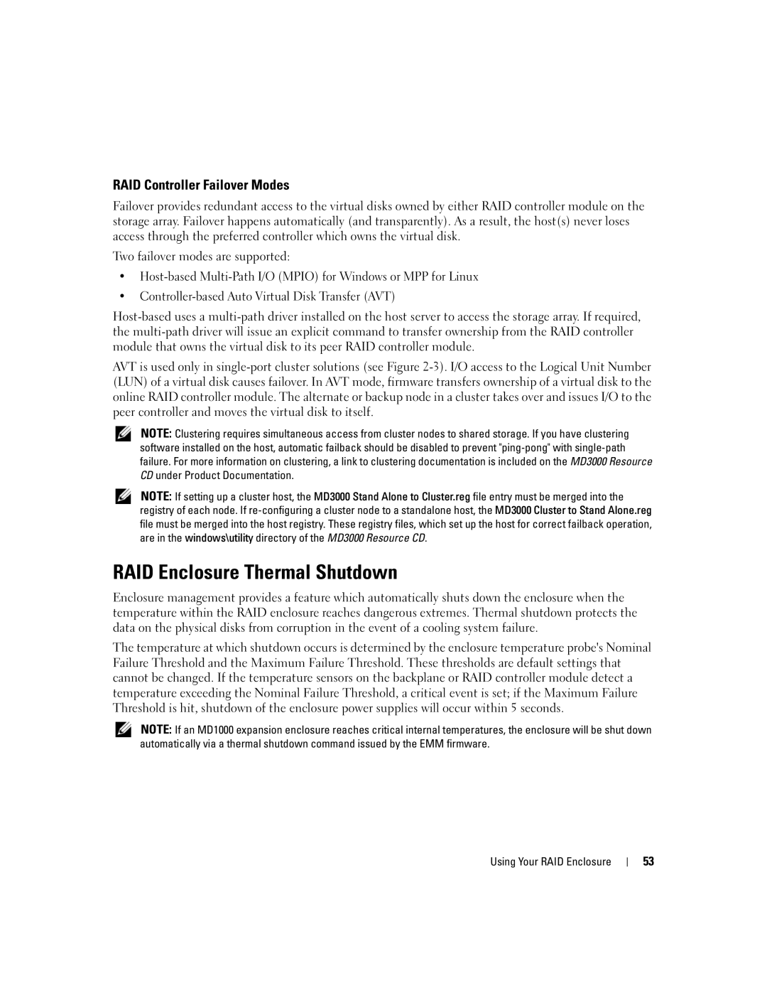 Dell MD3000 owner manual RAID Enclosure Thermal Shutdown, RAID Controller Failover Modes 