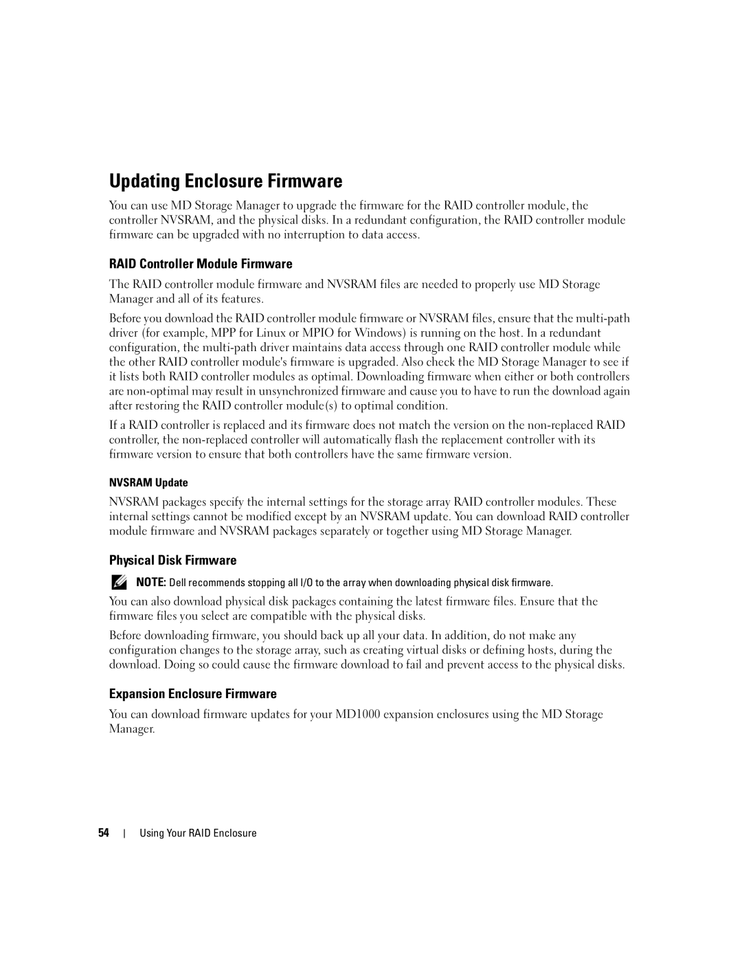 Dell MD3000 owner manual Updating Enclosure Firmware, RAID Controller Module Firmware, Physical Disk Firmware 