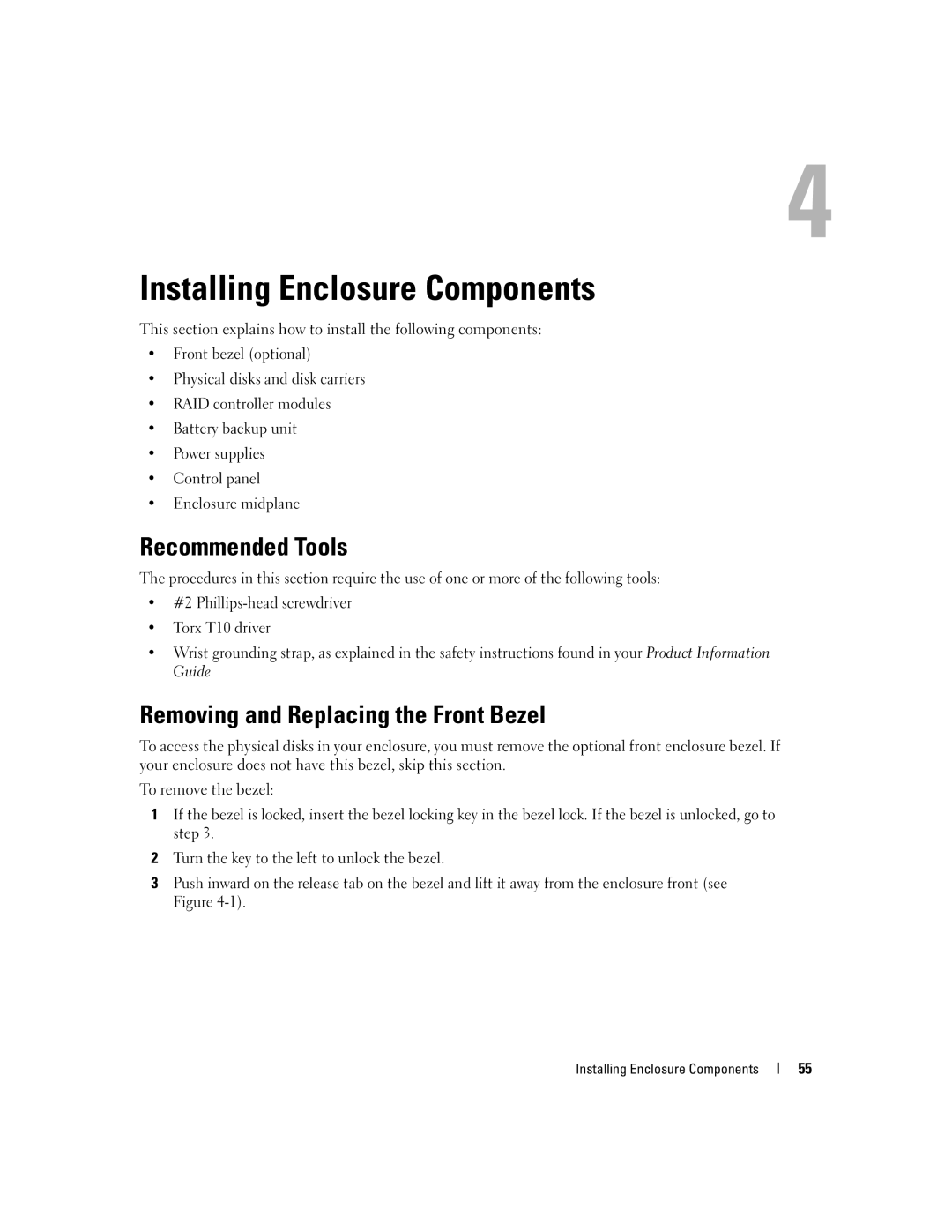 Dell MD3000 owner manual Recommended Tools, Removing and Replacing the Front Bezel, Installing Enclosure Components 