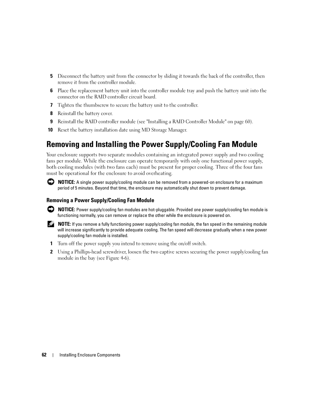 Dell MD3000 Removing and Installing the Power Supply/Cooling Fan Module, Removing a Power Supply/Cooling Fan Module 