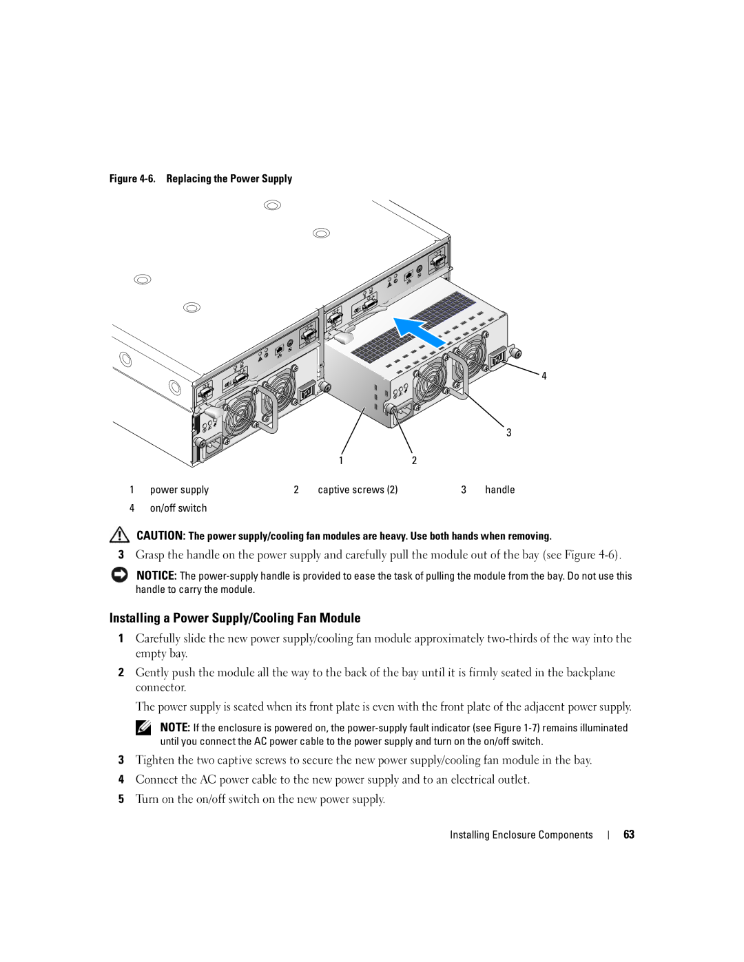 Dell MD3000 owner manual Installing a Power Supply/Cooling Fan Module 