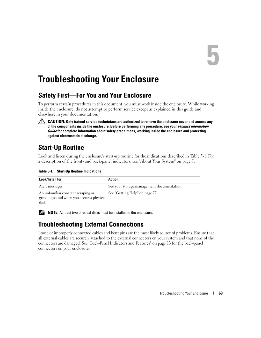Dell MD3000 Safety First-For You and Your Enclosure, Start-Up Routine, Troubleshooting External Connections, Disk 