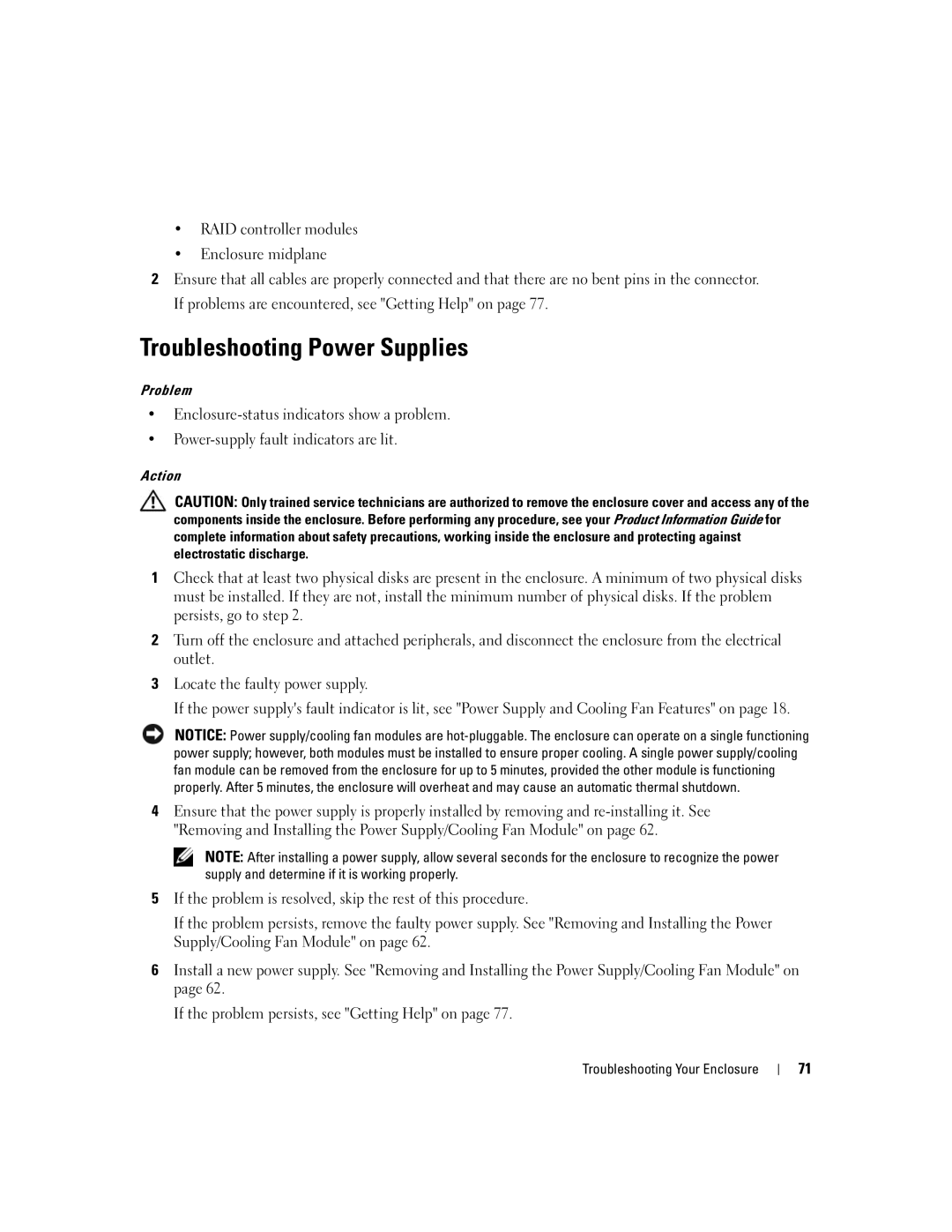 Dell MD3000 owner manual Troubleshooting Power Supplies 