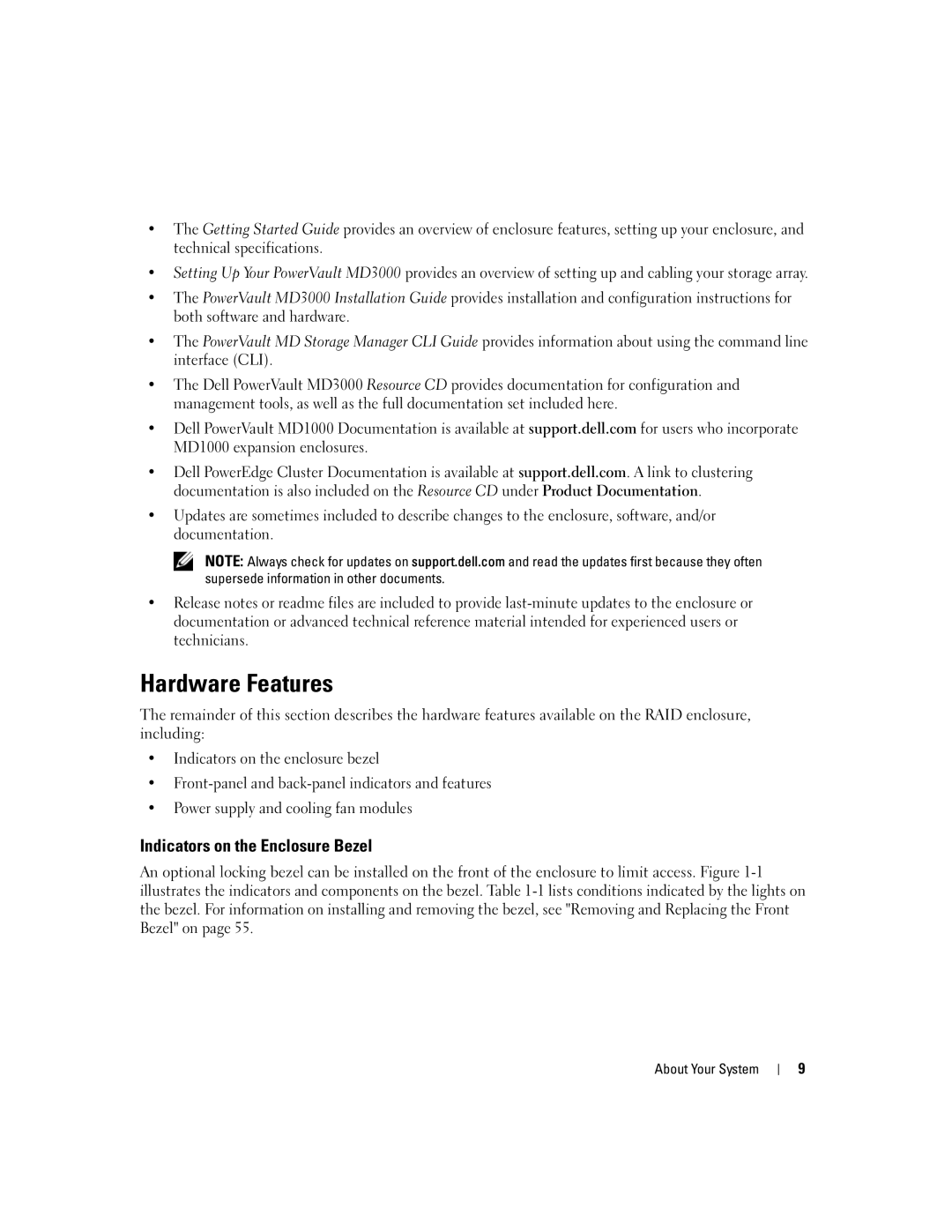 Dell MD3000 owner manual Hardware Features, Indicators on the Enclosure Bezel 