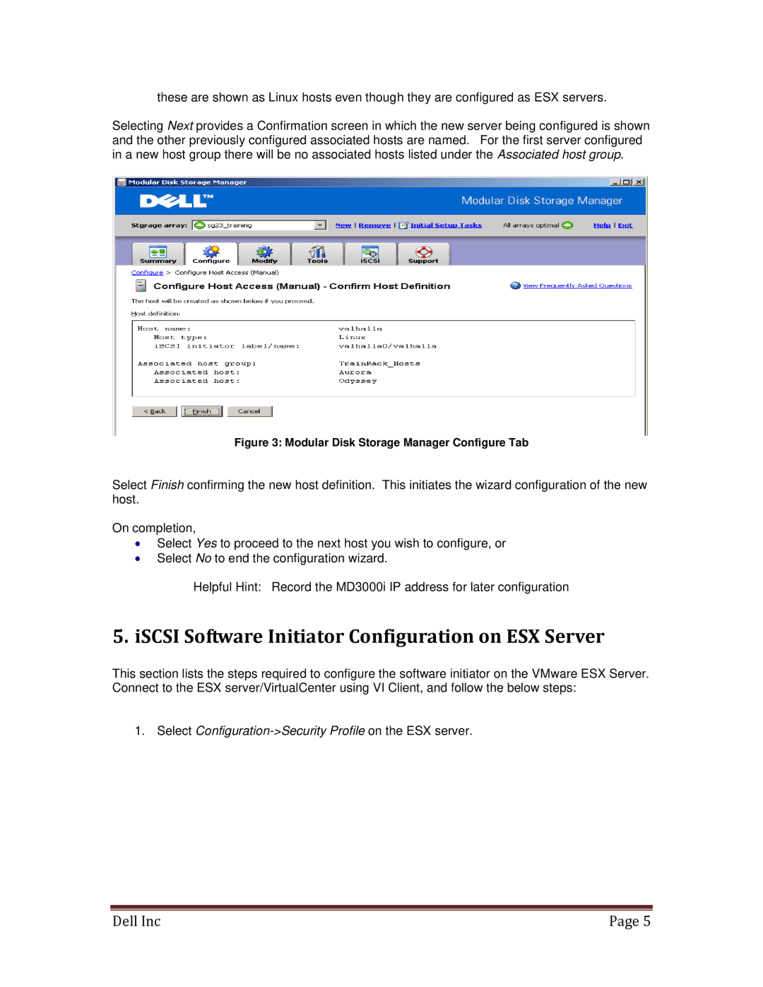 Dell MD3000I manual ISCSI Software Initiator Configuration on ESX Server, Modular Disk Storage Manager Configure Tab 