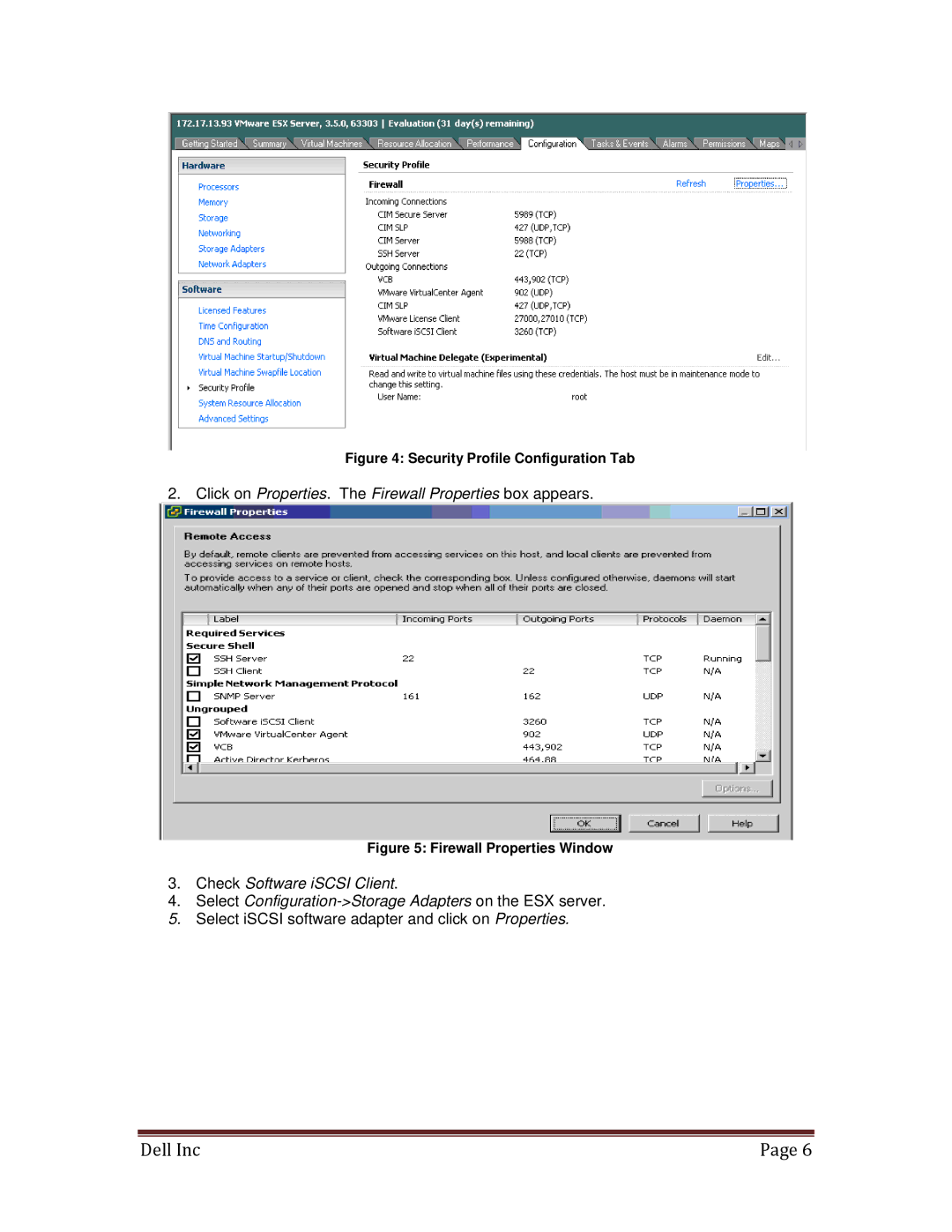 Dell MD3000I manual Click on Properties. The Firewall Properties box appears 