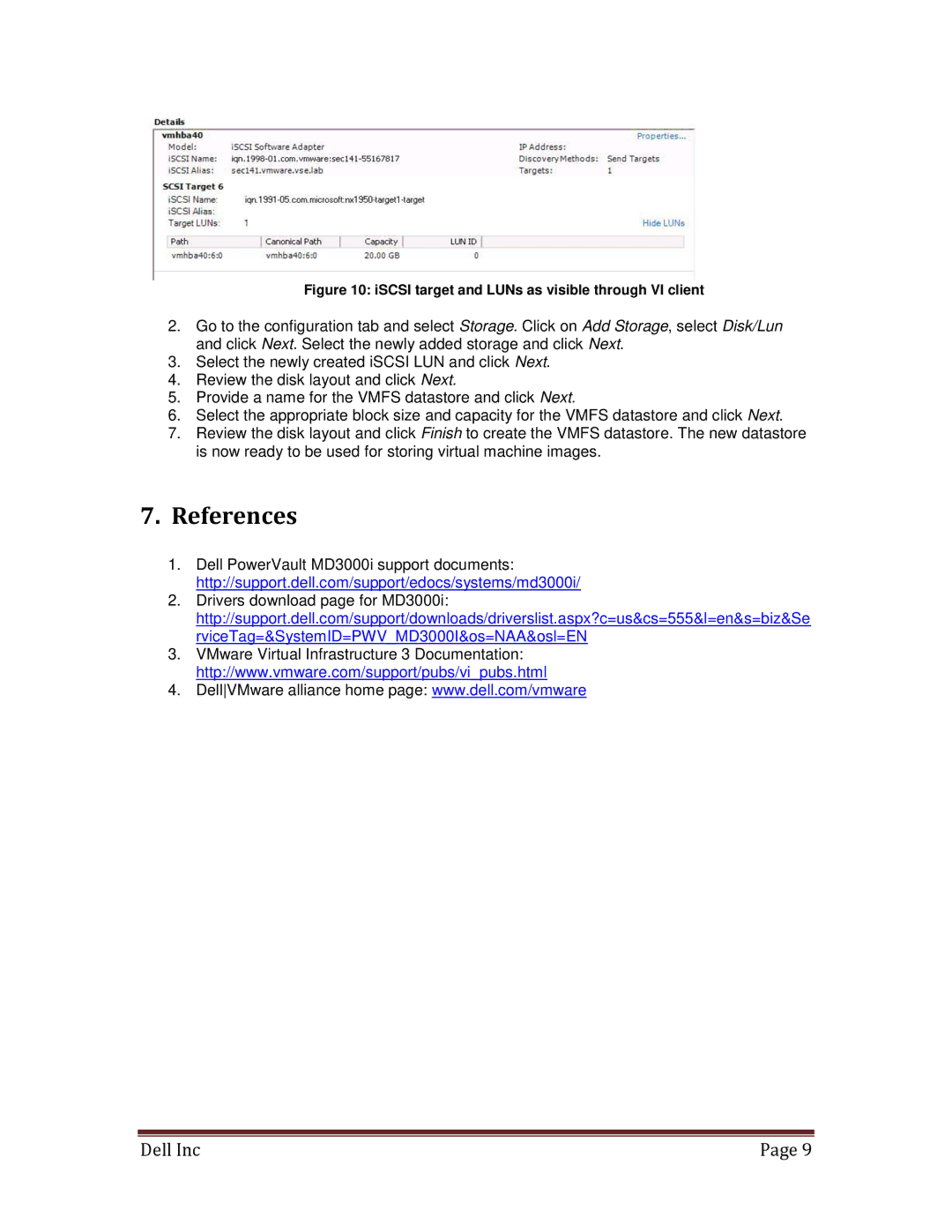 Dell MD3000I manual References, ISCSI target and LUNs as visible through VI client 