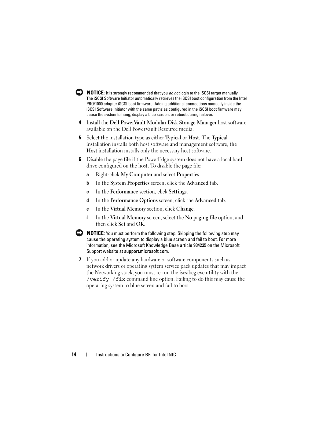 Dell MD3000I manual Instructions to Configure BFi for Intel NIC 