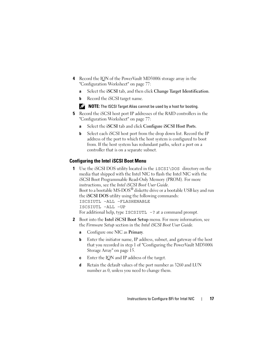 Dell MD3000I manual Configuring the Intel iSCSI Boot Menu, For additional help, type Iscsiutl -?at a command prompt 