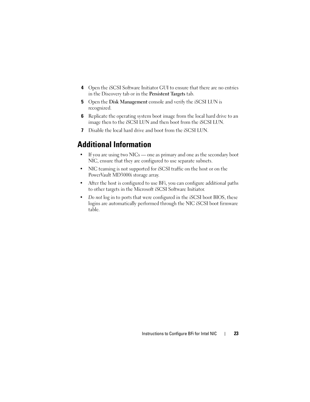 Dell MD3000I manual Additional Information, Disable the local hard drive and boot from the iSCSI LUN 