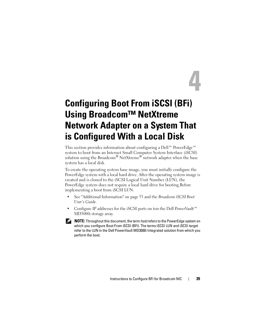 Dell MD3000I manual Instructions to Configure BFi for Broadcom NIC 