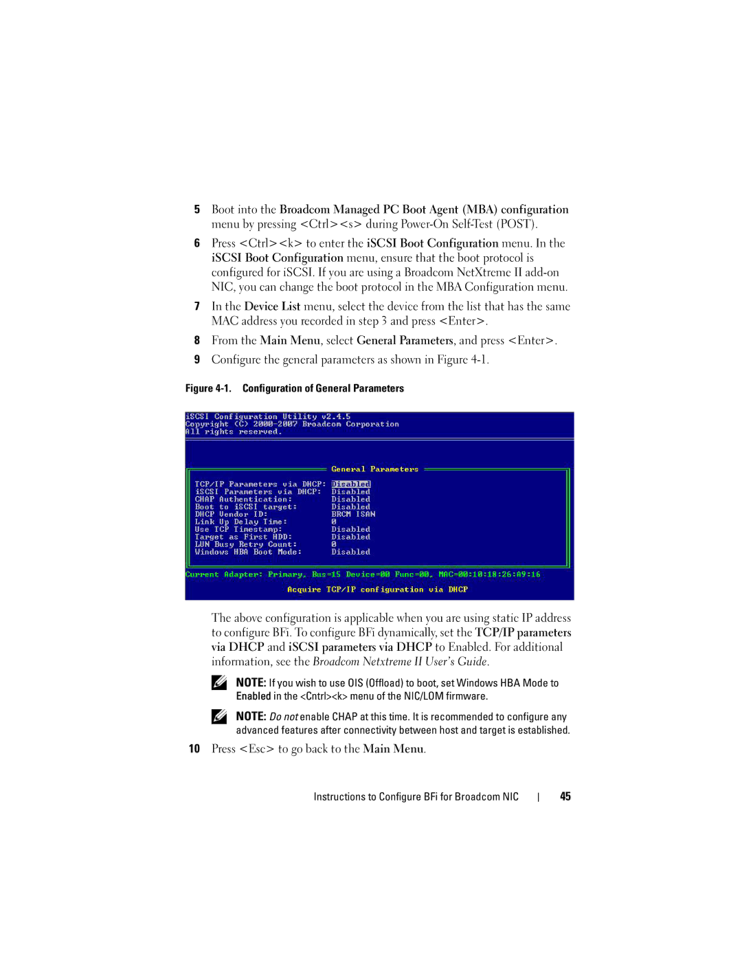 Dell MD3000I manual Press Esc to go back to the Main Menu, Configuration of General Parameters 