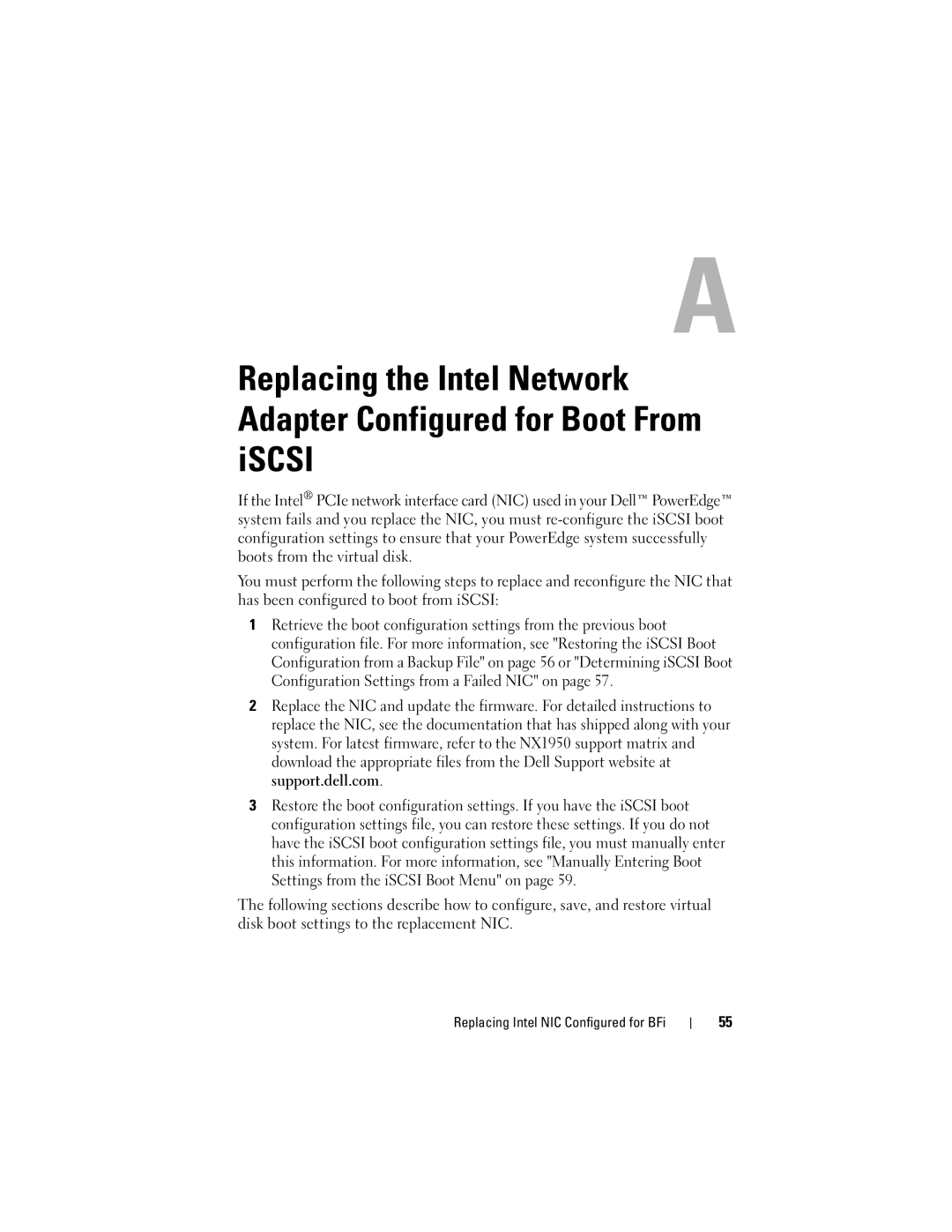 Dell MD3000I manual Replacing Intel NIC Configured for BFi 