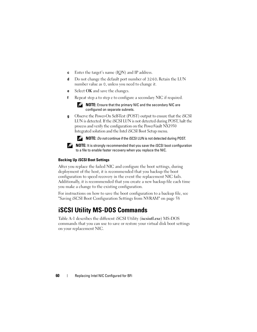 Dell MD3000I manual ISCSI Utility MS-DOS Commands, Backing Up iSCSI Boot Settings 