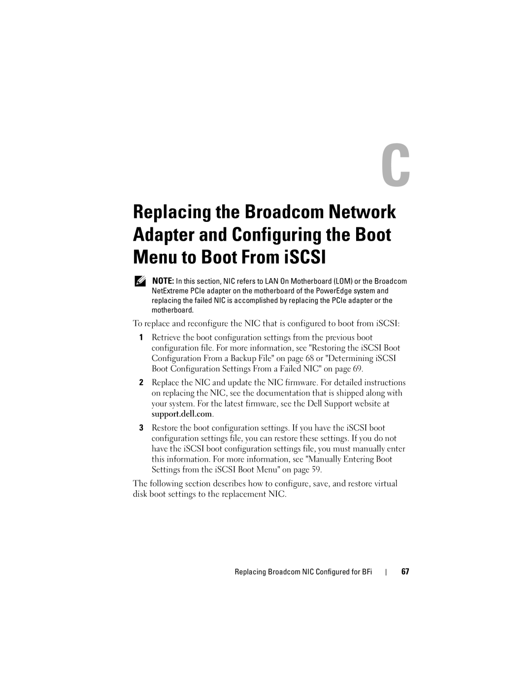 Dell MD3000I manual Replacing Broadcom NIC Configured for BFi 