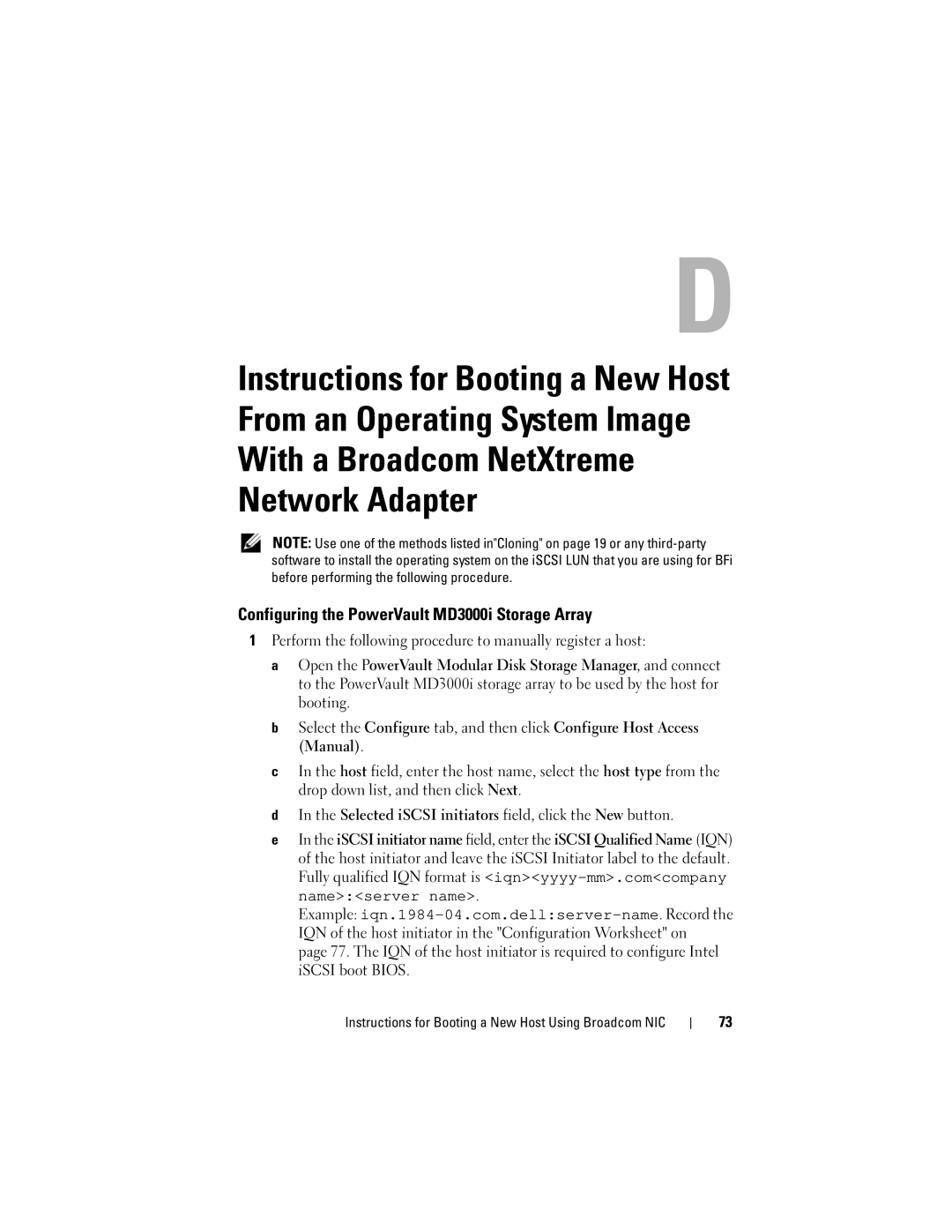 Dell MD3000I manual Instructions for Booting a New Host Using Broadcom NIC 