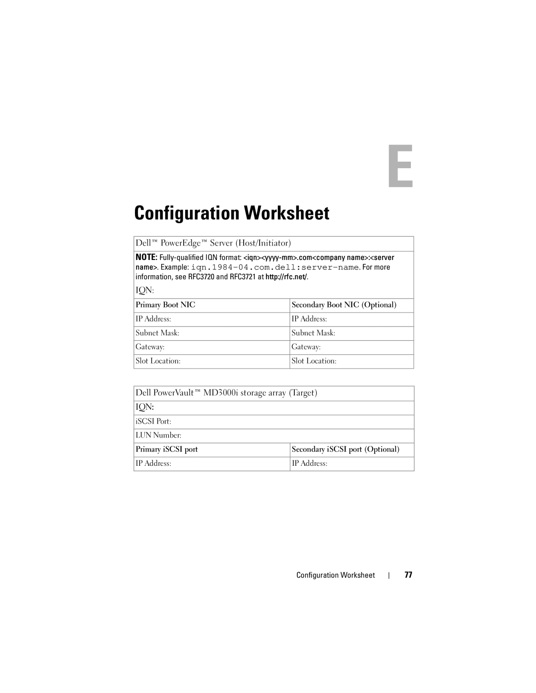 Dell MD3000I manual Configuration Worksheet 