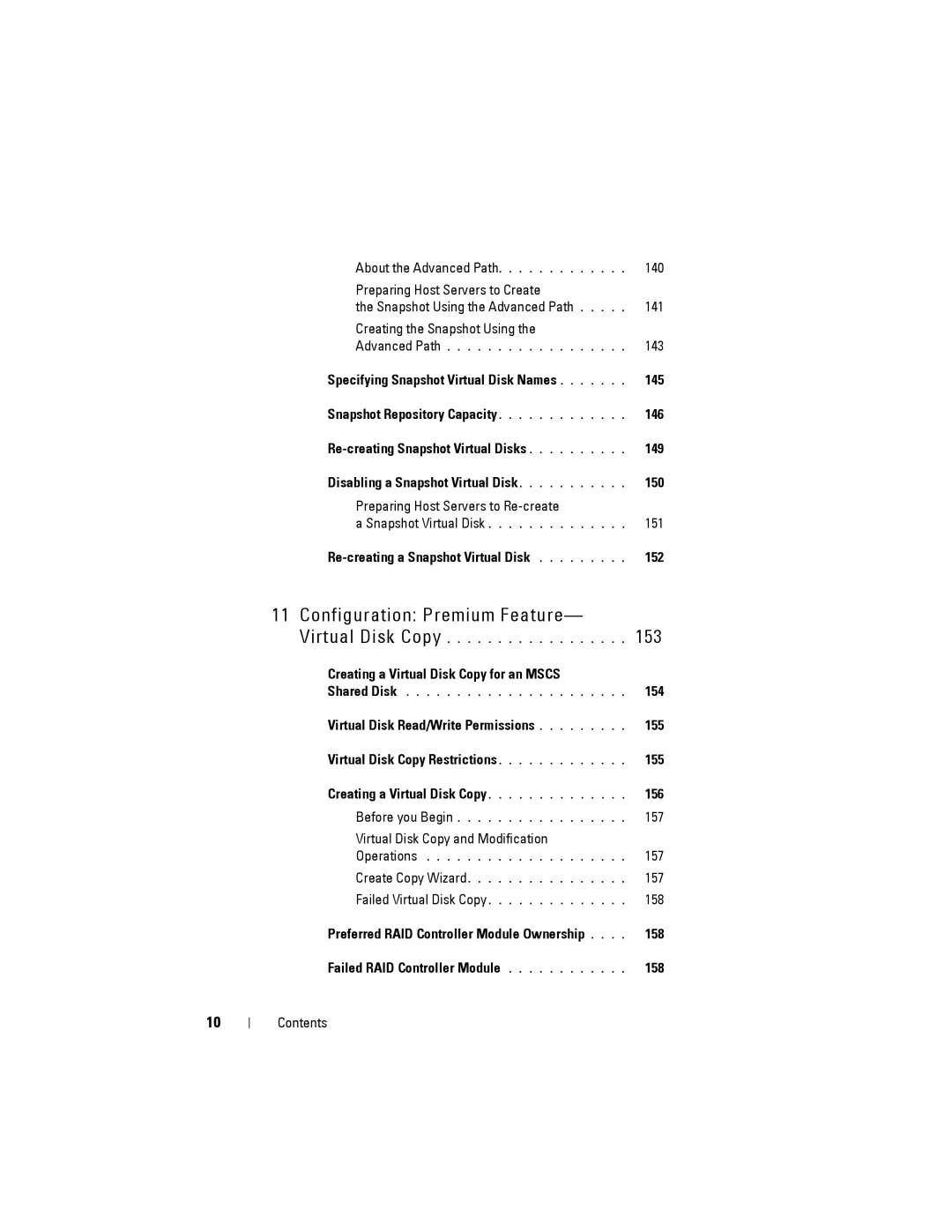 Dell MD3200 145, Re-creating a Snapshot Virtual Disk 152, Creating a Virtual Disk Copy for an Mscs, 154, 155, 157, 158 