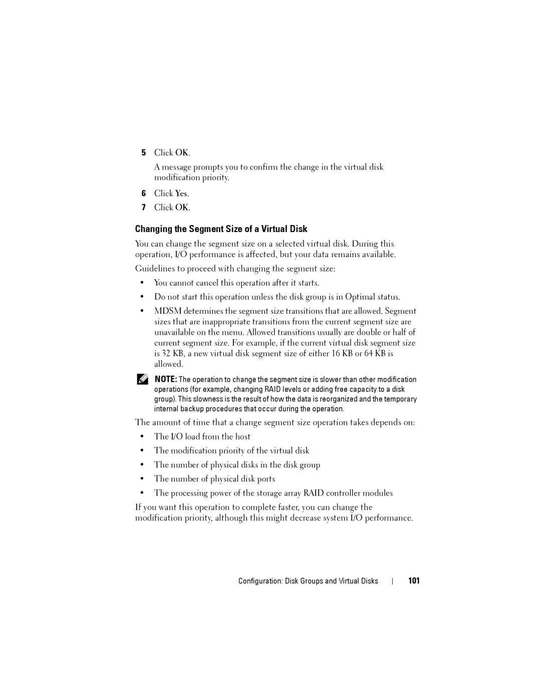 Dell MD3220, MD3200 owner manual Changing the Segment Size of a Virtual Disk, 101 