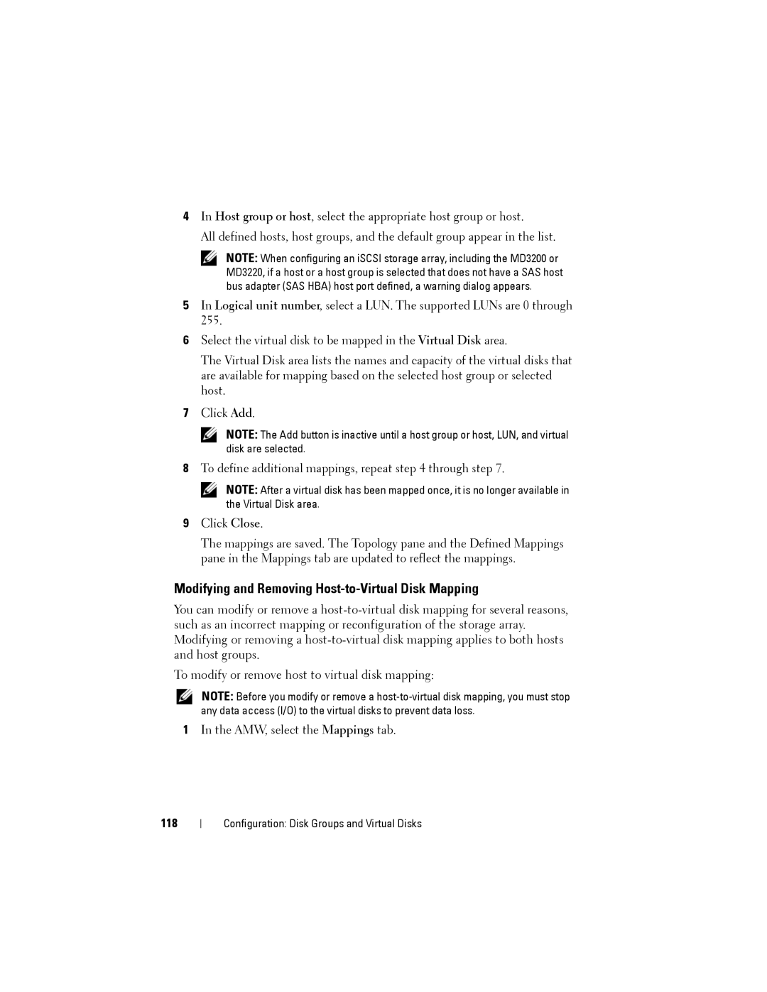 Dell MD3200, MD3220 owner manual Modifying and Removing Host-to-Virtual Disk Mapping, 118 