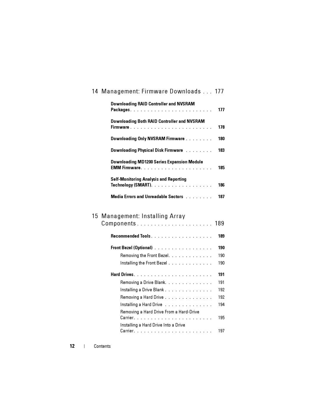 Dell MD3200 Downloading RAID Controller and Nvsram, 177, 178, 185, Self-Monitoring Analysis and Reporting, 186, 189, 190 