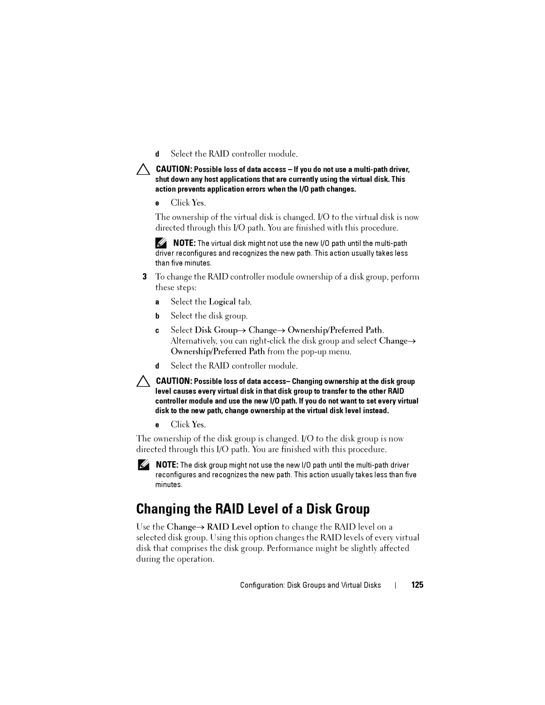 Dell MD3220, MD3200 owner manual Changing the RAID Level of a Disk Group, 125 