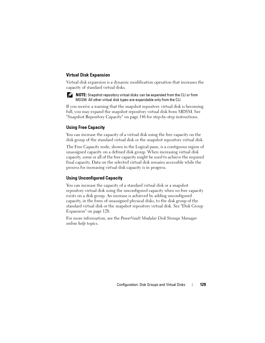 Dell MD3220, MD3200 owner manual Virtual Disk Expansion, Using Free Capacity, Using Unconfigured Capacity, 129 