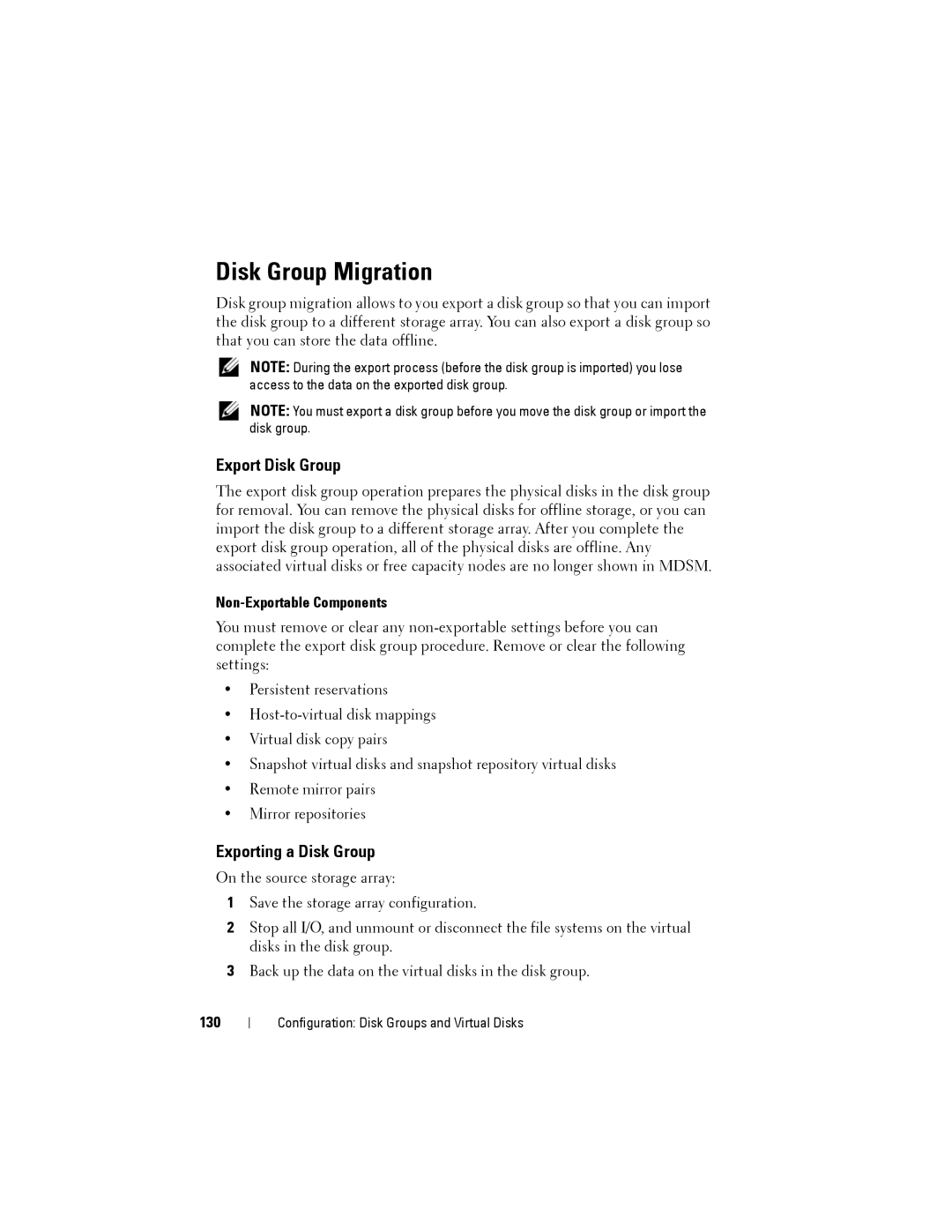 Dell MD3200, MD3220 Disk Group Migration, Export Disk Group, Exporting a Disk Group, Non-Exportable Components, 130 