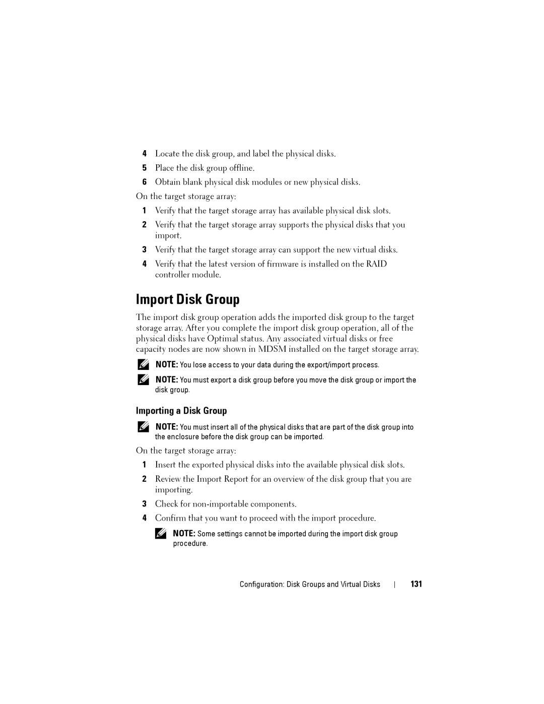 Dell MD3220, MD3200 owner manual Import Disk Group, Importing a Disk Group, 131 