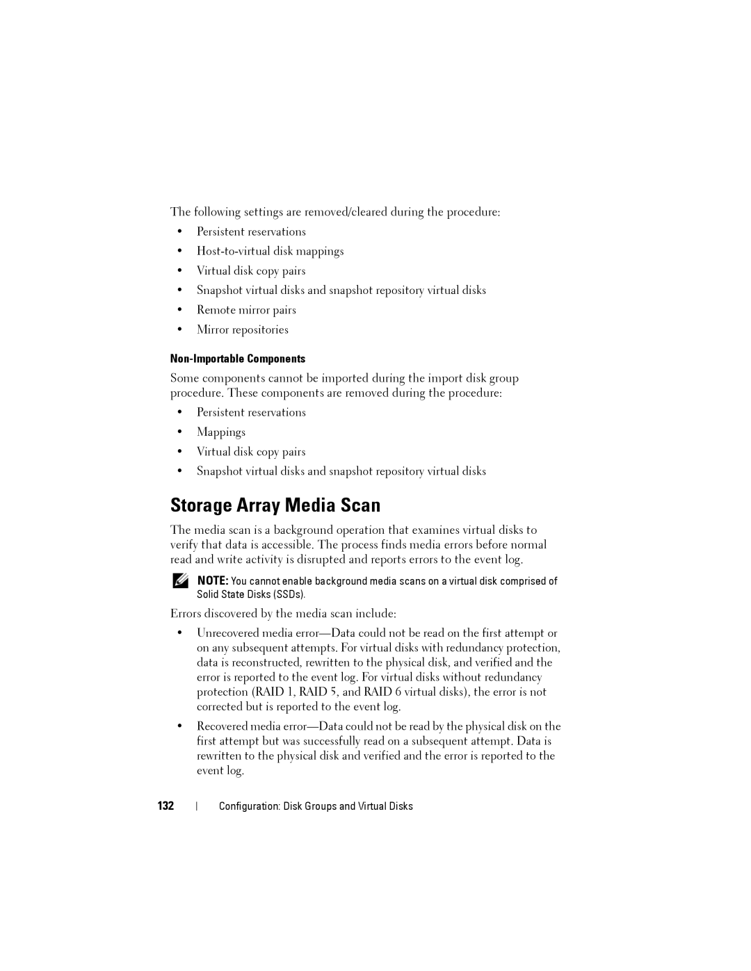 Dell MD3200, MD3220 owner manual Storage Array Media Scan, Non-Importable Components, 132 