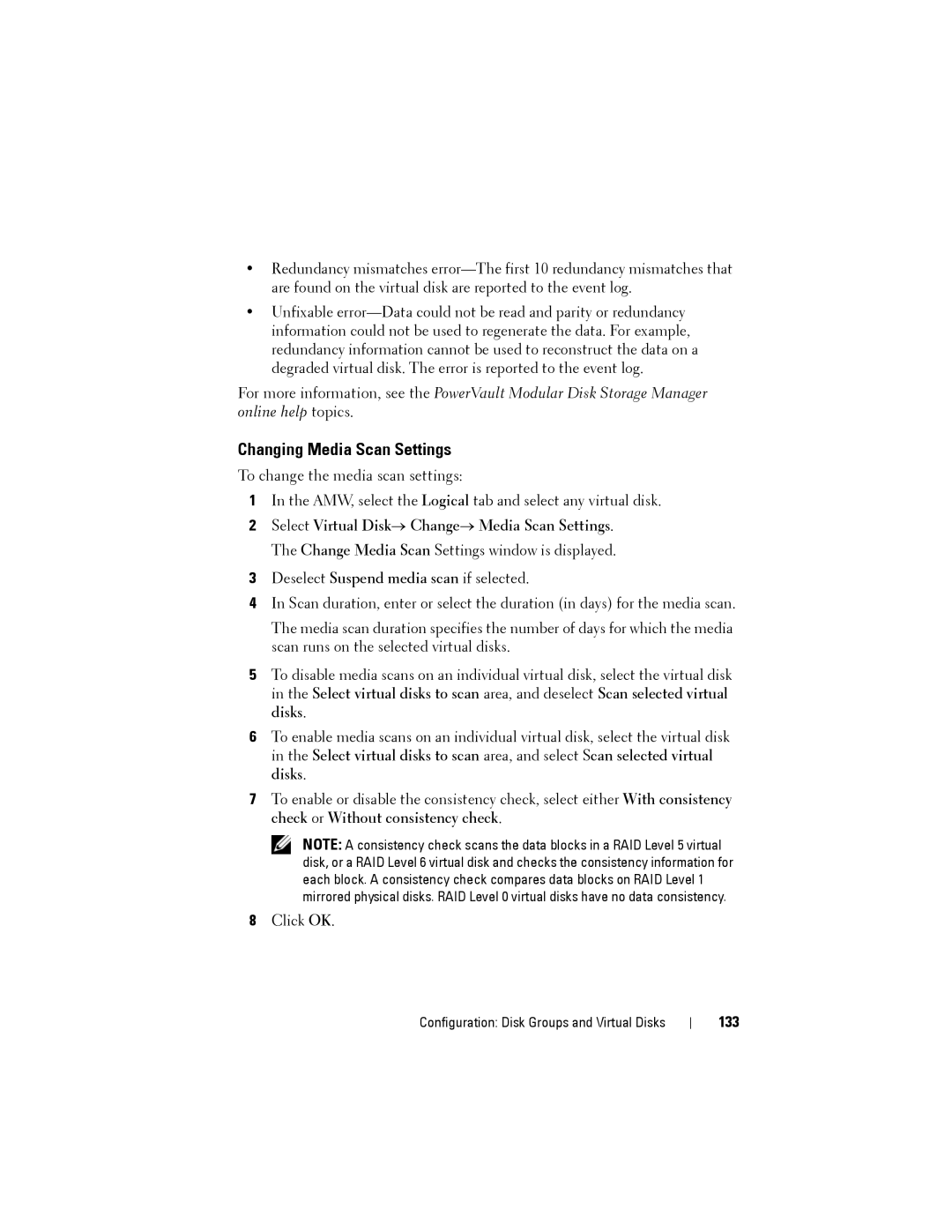 Dell MD3220, MD3200 owner manual Changing Media Scan Settings, 133 