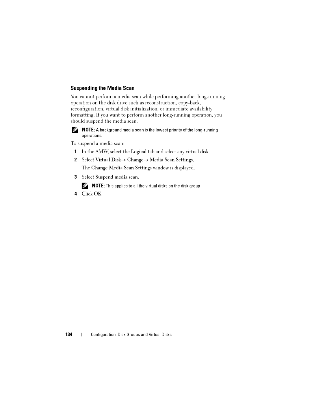 Dell MD3200, MD3220 owner manual Suspending the Media Scan, 134 