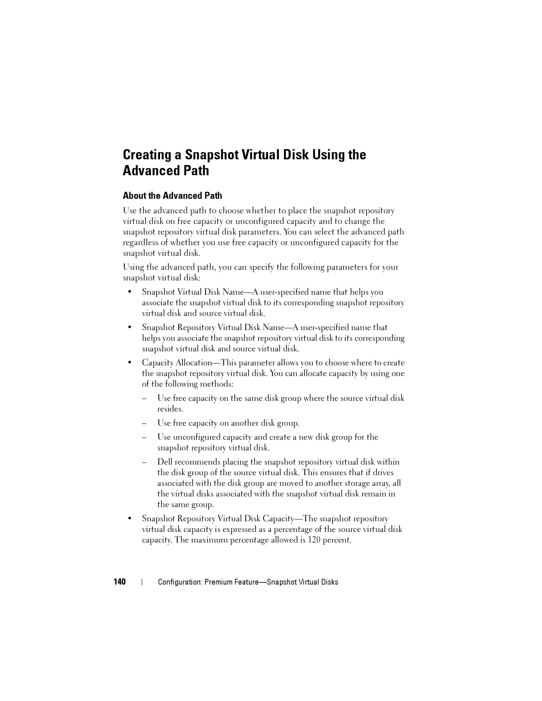 Dell MD3200, MD3220 owner manual Creating a Snapshot Virtual Disk Using the Advanced Path, About the Advanced Path, 140 