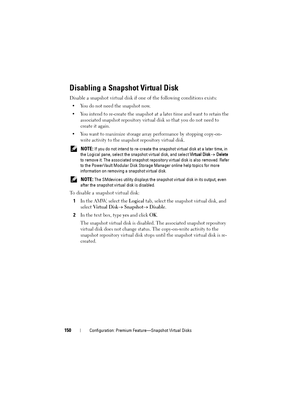 Dell MD3200, MD3220 owner manual Disabling a Snapshot Virtual Disk, 150 